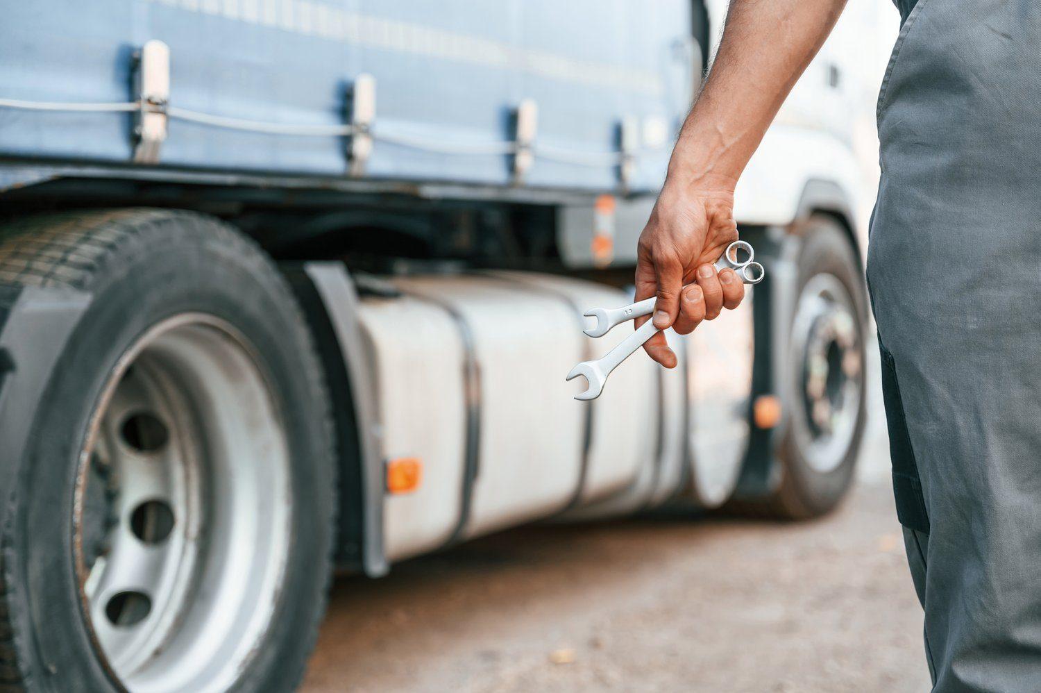 Narzędzia mechanika na wózku warsztatowym obok koła ciężarówki